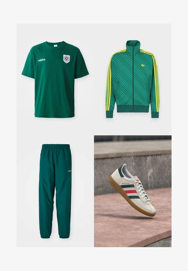 Chaqueta verde con cremallera y patrón geométrico, con franjas amarillas en las mangas, cuello alto y logo en el pecho. Textura de tela ligera.; Camiseta de algodón verde con cuello redondo, manga corta, logo de Adidas en el lado izquierdo y una insignia circular con un diseño rojo en el lado derecho.; Pantalones deportivos verdes de tela ligera, con cintura elástica, bolsillos laterales y franjas laterales negras. Logo de Adidas visible.; Zapatilla blanca Adidas con franjas verdes y rojas, suela de goma y marca "SPEZIAL" flotando sobre pavimento de piedra.