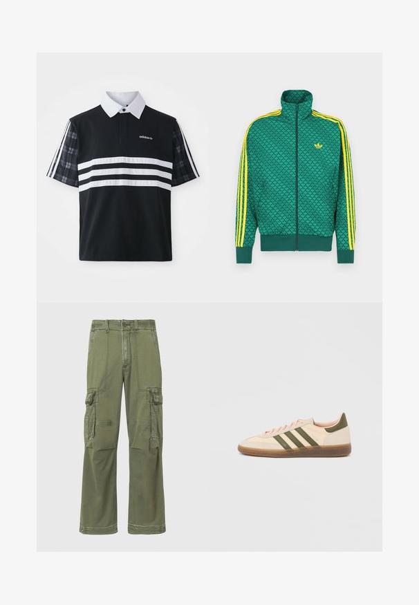 Groen jack met ritssluiting en geometrisch patroon, gele strepen op de mouwen, hoge kraag en logo op de borst. Lichtgewicht stoftextuur.; Zwarte polo met witte strepen en logo; heeft korte geruite mouwen en een witte kraag met een knoopsluiting.; Olijfgroene cargobroek met een relaxte pasvorm, voorzien van meerdere zijzakken, stikseldetails en een knoopsluiting in de taille.; Beige Adidas Spezial sneaker met een laag profiel, groene strepen, een gumkleurige zool en "SPEZIAL" branding aan de zijkant, gezien vanaf de buitenzijde.