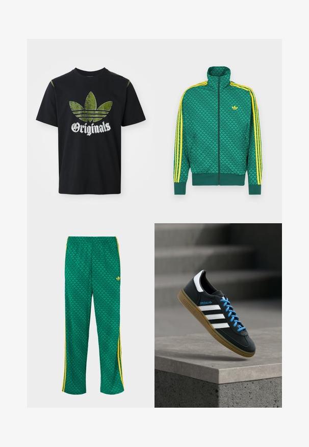 Chaqueta verde con cremallera y patrón geométrico, con franjas amarillas en las mangas, cuello alto y logo en el pecho. Textura de tela ligera.; Camiseta de algodón negra con un gráfico verde desgastado que presenta tres rayas y la palabra "Originales" debajo en blanco, cuello redondo, mangas cortas.; Pantalones deportivos verdes con estampado de hojas, cintura elástica, franjas laterales amarillas, corte holgado.; Zapatilla negra Adidas con franjas blancas, cordones azules y suela de goma flotando sobre un escalón de hormigón gris con luz suave.