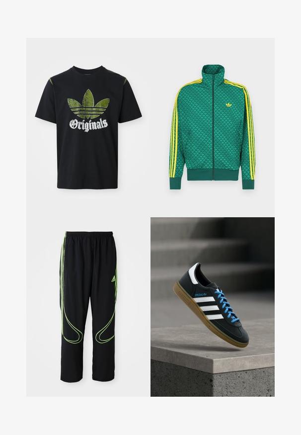 Grøn lynlåstrøje med geometrisk mønster, gule striber på ærmerne, høj krave og logo på brystet. Letvægtsstofstruktur.; Sort bomulds T-shirt med et slidt grønt grafik med tre striber og ordet "Originals" nedenfor i hvidt, rund halsudskæring, korte ærmer.; Sorte Adidas sportbukser med neongrønne buede linjer og tre striber på siderne, elastisk livrem og Adidas-logo på forsiden af låret.; Sort Adidas sneaker med hvide striber, blå snørebånd og gummisål, der svæver over gråt betontrin i blødt lys.