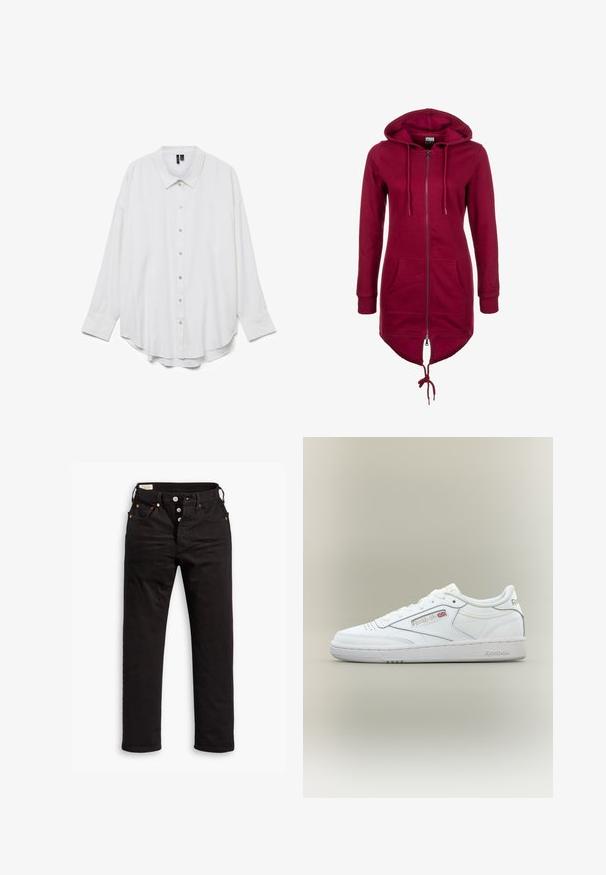 Hoodie bordeaux avec fermeture éclair, capuche réglable, manches longues et poches avant ; présente un dos plus long et des poignets élastiques.; Chemise blanche à manches longues avec boutons, col pointu et ourlet arrondi, présentée sur fond blanc uni.; Jean noir à jambe droite avec fermeture à boutons, poches avant et arrière, et détails en rivets cuivrés sur fond blanc.; Baskets basses blanches Reebok avec détails de couture, perforations près des orteils et logo Reebok avec un petit Union Jack sur le côté.