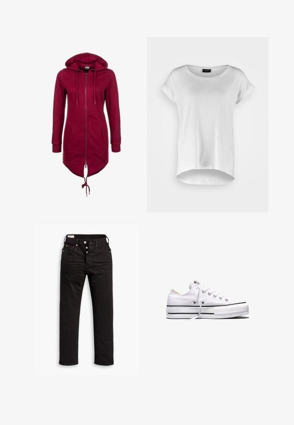 Burgunderfarbener Hoodie mit Reißverschluss, Kordelzugkapuze, langen Ärmeln und frontalen Taschen; besitzt einen längeren Rücken und elastische Bündchen.; Weißes kurzärmliges T-Shirt mit rundem Ausschnitt, leicht längerem Saum hinten, weichem Baumwollstoff und aufgerollten Ärmeln. Keine sichtbaren Aufdrucke.; Schwarze Straight-Leg-Jeans mit Knopfverschluss, Vorder- und Gesäßtaschen sowie Kupfennieten auf einem weißen Hintergrund.; Weißer Canvas-Sneaker in niedriger Ausführung mit weißen Schnürsenkeln, schwarzen Streifen an der Sohle und gummiertem, strukturiertem Zehenschutz, Seitenansicht vor weißem Hintergrund.