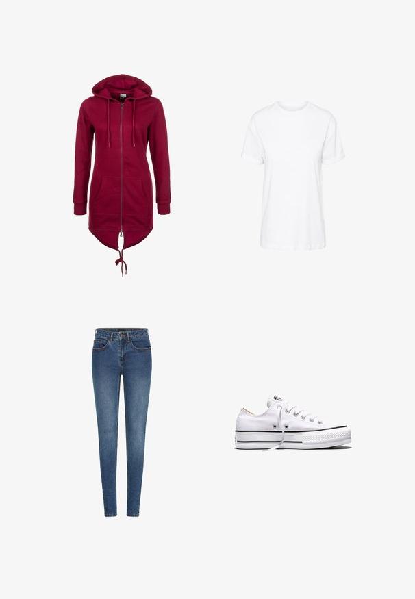 Hoodie bordeaux avec fermeture éclair, capuche réglable, manches longues et poches avant ; présente un dos plus long et des poignets élastiques.; T-shirt en coton blanc avec des manches courtes, un col rond et une coupe décontractée, offrant une texture lisse et sans motifs visibles.; Jean skinny en denim bleu foncé, avec une taille mi-haute, cinq poches et des coutures contrastantes. Texture lisse avec un léger stretch.; Baskets basses en toile blanche avec lacets blancs, bandes noires sur la semelle et embout en caoutchouc texturé, vue de côté sur fond blanc.