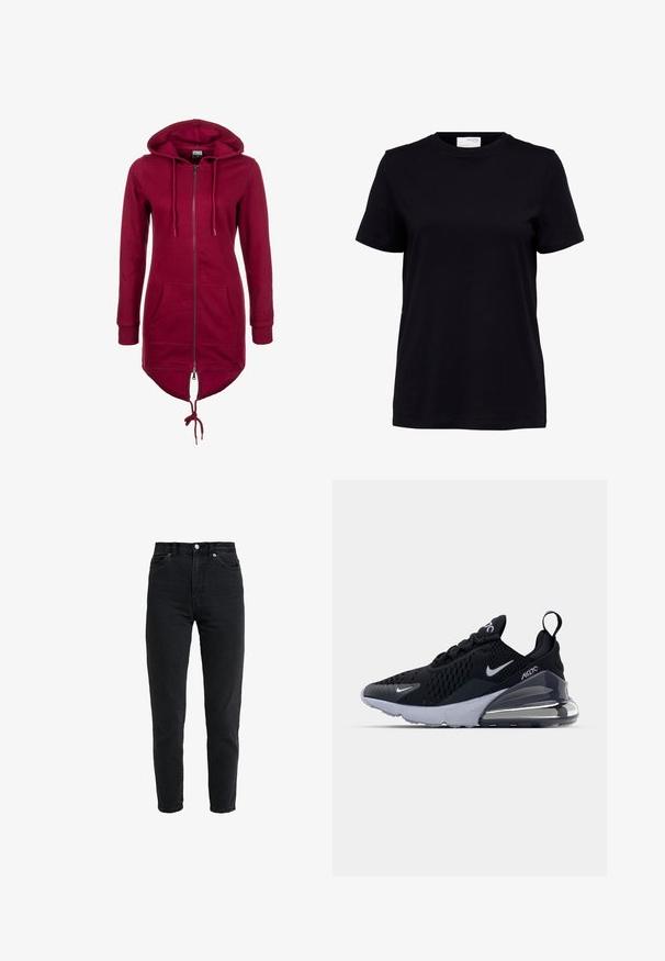 Bordeaux hættetrøje med lynlås, snøre i hætten, lange ærmer og forlommer; har en længere ryg og elastiske manchetter.; Sort kortærmet t-shirt med rund halsudskæring, lige kant og en hvid label på bagsiden indeni kraven.; High-waist sort denim jeans med forreste knap og lynlås, to forlommer og en tilspidset ben foran på en hvid baggrund.; Sort atletiske sneakers med en mesh-overdel, der har et hvidt swoosh-logo, synlig Air-enhed og en tekstureret ydersål. Detaljer inkluderer en bageste trækstrop.