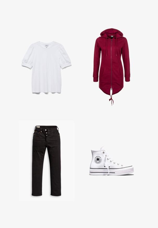 Bordeaux hoodie met rits, trekkoord capuchon, lange mouwen en voorkruiken; heeft een langere achterkant en elastische manchetten.; Witte top met korte mouwen, een ronde halslijn en pofmouwen. Gemaakt van een gladde stof en voorzien van een label met de tekst "AWARE."; Zwarte rechtlopende jeans met knoopsluiting, voor- en achterzakken, en koperen klinknagels op een witte achtergrond.; Witte Converse Chuck Taylor All Star sneaker met hoge schacht, zwarte strepen en logo-patch aan de zijkant, weergegeven tegen een effen witte achtergrond.