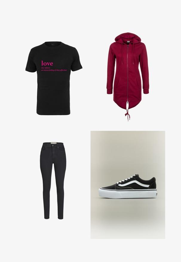 Bordeaux hoodie met rits, trekkoord capuchon, lange mouwen en voorkruiken; heeft een langere achterkant en elastische manchetten.; Zwarte katoen t-shirt met roze tekst die "liefde" zegt en de Latijnse definitie, gecentreerd op de voorkant. Korte mouwen en ronde hals ontwerp.; Zwarte high-waisted skinny jeans van denim met een gladde textuur, voorzien van een sluiting met knoop aan de voorkant en twee voorkeurszakken.; Lage zwarte sneaker met witte zijstreep, witte veters, witte rubberen zool en gestructureerde neus op een neutrale achtergrond.