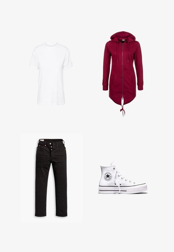 Burgunderfarbener Hoodie mit Reißverschluss, Kordelzugkapuze, langen Ärmeln und frontalen Taschen; besitzt einen längeren Rücken und elastische Bündchen.; Weißes Baumwoll-T-Shirt mit kurzen Ärmeln, Rundhalsausschnitt und legerem Schnitt, mit glatter Textur und ohne sichtbare Muster.; Schwarze Straight-Leg-Jeans mit Knopfverschluss, Vorder- und Gesäßtaschen sowie Kupfennieten auf einem weißen Hintergrund.; Weißer Converse Chuck Taylor All Star High-Top-Sneaker mit schwarzen Streifen und Logo-Patch an der Seite, präsentiert vor einem schlichten weißen Hintergrund.