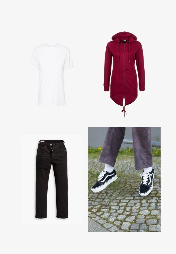 Bordeaux hættetrøje med lynlås, snøre i hætten, lange ærmer og forlommer; har en længere ryg og elastiske manchetter.; Hvid bomulds t-shirt med korte ærmer, rund hals og en afslappet pasform, med en glat tekstur og uden synlige mønstre.; Sorte lige jeans med knaplukning, front- og baglommer samt kobbernitte detaljer på en hvid baggrund.; Sorte ruskinds sneakers med hvide accenter, med rund tå, tyk hvid sål og klassisk snørebåndsdesign, båret med hvide sokker og lilla bukser.