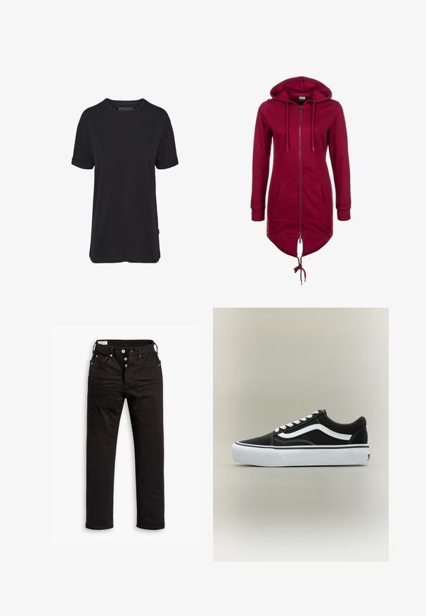 Hoodie bordeaux avec fermeture éclair, capuche réglable, manches longues et poches avant ; présente un dos plus long et des poignets élastiques.; T-shirt en coton noir à manches courtes, col rond et manches retroussées ; présente une étiquette de marque subtile sur l'ourlet latéral.; Jean noir à jambe droite avec fermeture à boutons, poches avant et arrière, et détails en rivets cuivrés sur fond blanc.; Baskets basses noires avec bande blanche latérale, lacets blancs, semelle en caoutchouc blanche et bout texturé sur fond neutre.