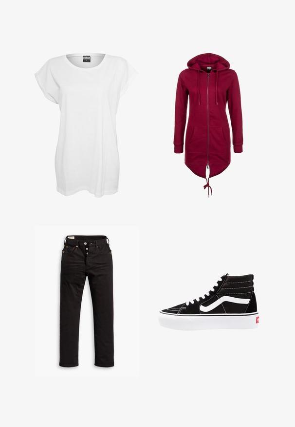 Hoodie bordeaux avec fermeture éclair, capuche réglable, manches longues et poches avant ; présente un dos plus long et des poignets élastiques.; T-shirt blanc à manches courtes en coton, présentant une coupe décontractée, un large décolleté et un design minimaliste sans motifs ni accents.; Jean noir à jambe droite avec fermeture à boutons, poches avant et arrière, et détails en rivets cuivrés sur fond blanc.; Baskets montantes noires avec des lacets blancs, un logo blanc et des coutures blanches contrastées. Dotées d'une épaisse semelle blanche et d'un dessus en daim texturé.