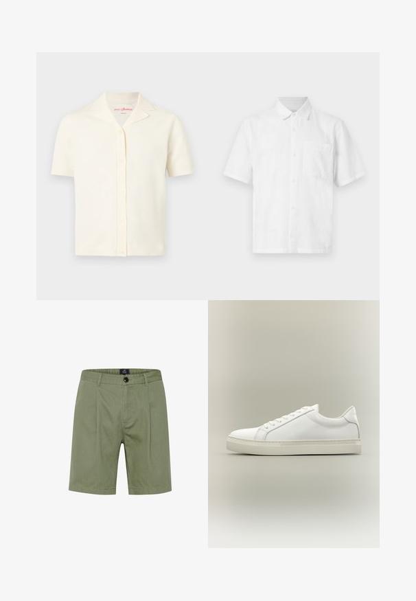 Camisa de manga corta color crema con botones, cuello y cinco botones, mostrada sobre un fondo blanco.; Camisa blanca de manga corta con botones, con cuello y un único bolsillo en el pecho, presentada sobre un fondo claro y sencillo.; Pantalones cortos verde oliva con un diseño a medida, que presentan un cierre de botón, bolsillos frontales y sutiles rayas verticales en una tela suave y texturizada.; Zapatilla blanca de perfil bajo con cordones en la parte delantera y suela gruesa, mostrada de lado sobre un fondo neutro.