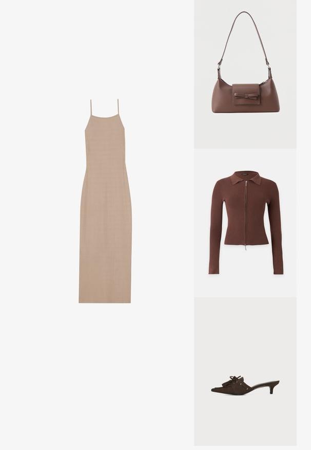 Cardigan marron en tricot côtelé à manches longues avec col et fermeture éclair avant, présenté sur fond uni.; Robe maxi beige côtelée avec de fines bretelles spaghetti et une silhouette droite, présentant une texture lisse et un design minimaliste.; Mule en daim marron avec bout pointu, petit talon kitten, lacets noués en nœud et détails à pompons sur fond blanc.; Sac à bandoulière en cuir marron avec une poche à rabat avant ornée d'un détail en forme de nœud cousu et une sangle réglable.