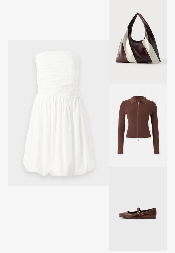 Cardigan marron en tricot côtelé à manches longues avec col et fermeture éclair avant, présenté sur fond uni.; Robe blanche sans bretelles avec un buste froncé et une jupe plissée, présentant une texture lisse et un ourlet bouffant court.; Ballerine en cuir verni marron avec un bout carré et une lanière ornée d'une petite boucle dorée. Texture lisse, talon bas et design minimaliste.; Grand sac à main triangulaire en cuir avec de larges rayures diagonales marron foncé, bordeaux et crème sur un fond uni.