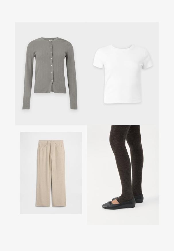Cardigan tricoté gris clair à manches longues avec texture côtelée verticale et six boutons blancs sur le devant.; T-shirt blanc uni à manches courtes et col rond sur fond gris clair, présenté à plat face vers l’avant.; Pantalon beige en velours côtelé à jambes larges avec poches avant, passants de ceinture et fermeture par bouton en métal.; Jambes portant des leggings côtelés foncés associés à des ballerines noires avec de petits détails en nœud sur fond blanc.