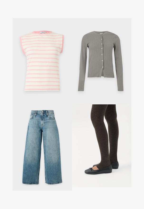 Cardigan tricoté gris clair à manches longues avec texture côtelée verticale et six boutons blancs sur le devant.; Haut sans manches en maille côtelée rayé crème et rose avec une bordure rose autour du col et des emmanchures.; Jean en denim bleu clair taille haute à jambe large, cinq poches, passants de ceinture et braguette à boutons, présenté sur un fond uni.; Jambes portant des leggings côtelés foncés associés à des ballerines noires avec de petits détails en nœud sur fond blanc.