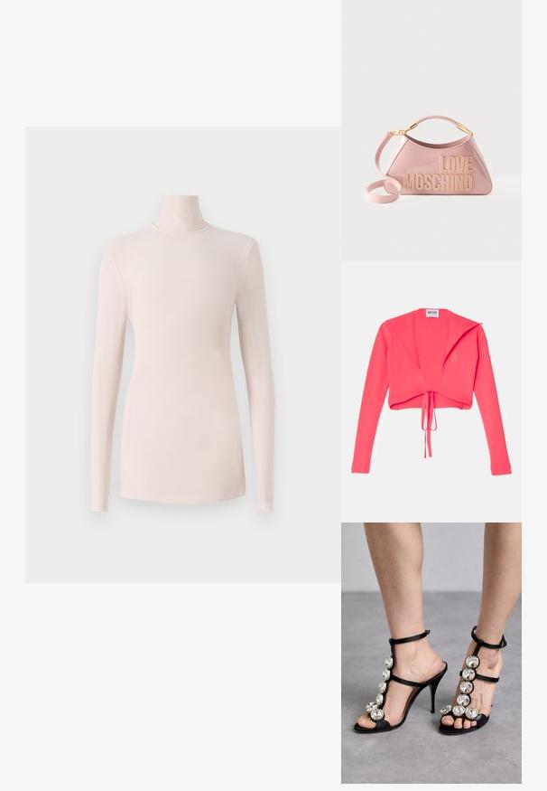 Rippstrick, verkürzter Pullover in leuchtendem Pink mit langen Ärmeln und einem Knoten am Vorderteil. Das Etikett trägt innen die Aufschrift "Moschino Jeans".; Hellrosa Langarm-Top mit Rollkragen aus weichem, elastischem Material, körpernah geschnitten und mit minimalen Nähten.; Schwarze High-Heels-Sandalen mit Satinriemen und großen runden Strass-Akzenten entlang des Schaftes und Knöchels, offenes Ze design.; Glänzende pinke Love Moschino Handtasche mit geschwungenem Griff, abnehmbarem Schulterriemen und goldfarbenem Logo-Schriftzug auf der Vorderseite.