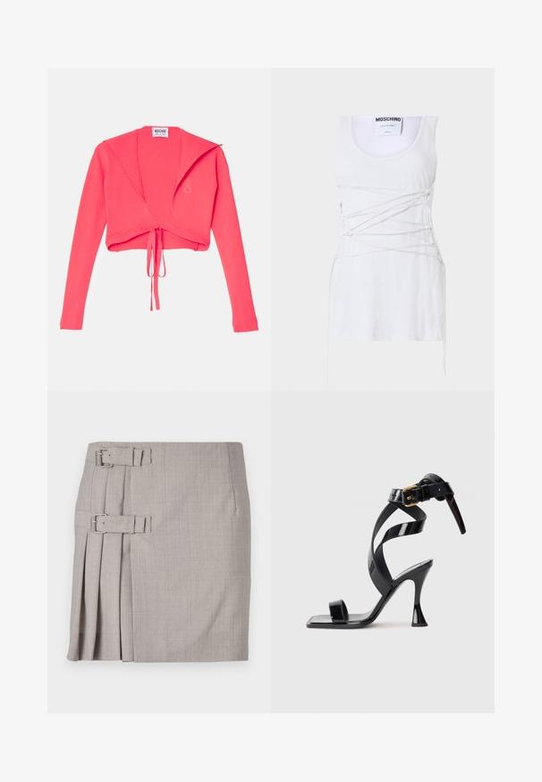 Ribbet, cropped sweater i stærk pink, med lange ærmer og en knude på fronten. Mærket siger "Moschino Jeans" indeni.; Hvid ribbet tanktop med krydsende snøring, der har en rund hals og en lige kant. Mærke: Moschino Couture.; Grå nederdel med struktureret stof, sidelæg og to spænde detaljer for justerbar pasform. Klassisk lige form, knælængde design.; Sorte patentlæder højhælede sandal med firkantet tå, ankelrem og guldlås på hvid baggrund.