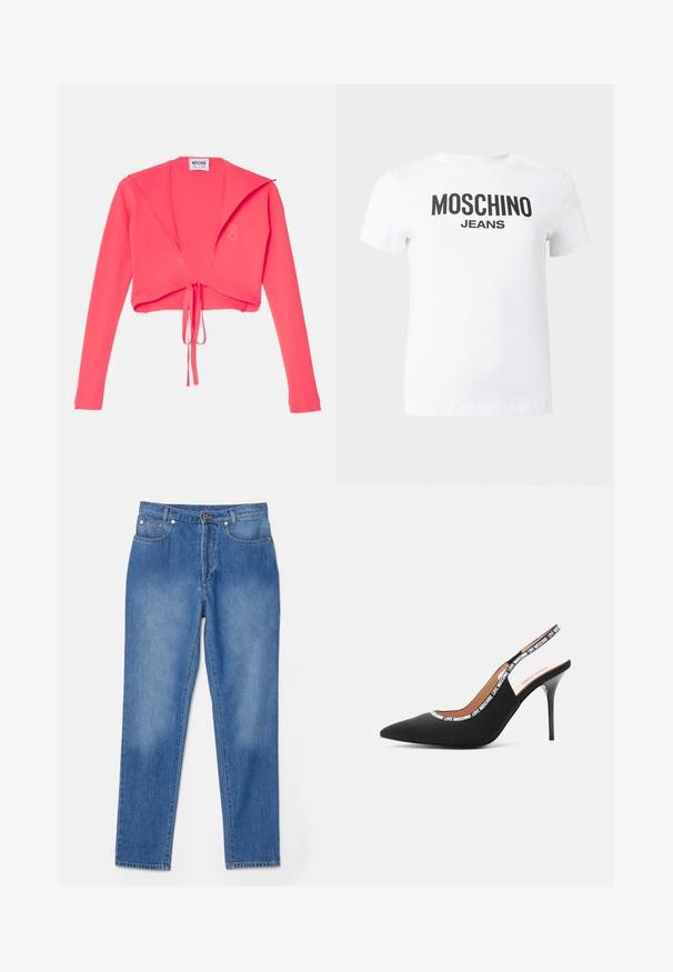 Pull côtelé court en rose vif, avec des manches longues et un nœud à l'avant. L'étiquette indique "Moschino Jeans" à l'intérieur.; T-shirt blanc à manches courtes avec le texte noir "MOSCHINO JEANS" imprimé sur la poitrine, présenté sur un fond uni.; Jean en denim bleu avec une coupe droite, cinq poches, accents en métal doré et décoloration subtile près des genoux.; Love Moschino LOGO TAPE - Escarpins à talons hauts - black