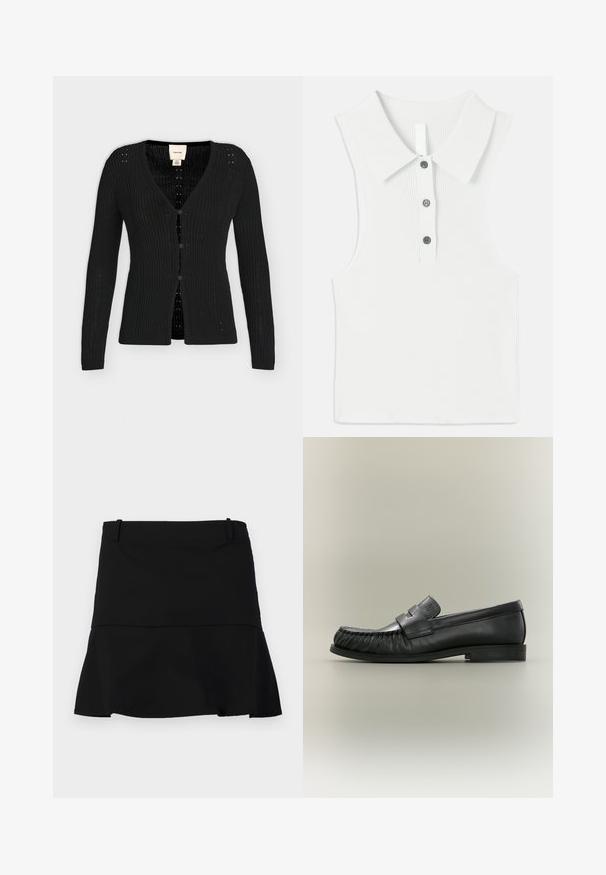 Cardigan en maille côtelée noire avec manches longues, col en V et trois boutons sur le devant, étiquette Calvin Klein à l'intérieur du col.; Haut blanc sans manches avec une texture côtelée, doté d'un col classique et d'une patte de boutonnage à trois boutons avec des boutons contrastants.; Jupe noire courte avec un léger évasement à l'ourlet et des passants de ceinture à la taille sur un fond blanc.; Mocassin penny en cuir noir avec détail plissé au bout et talon bas empilé, vu de côté sur un fond neutre.