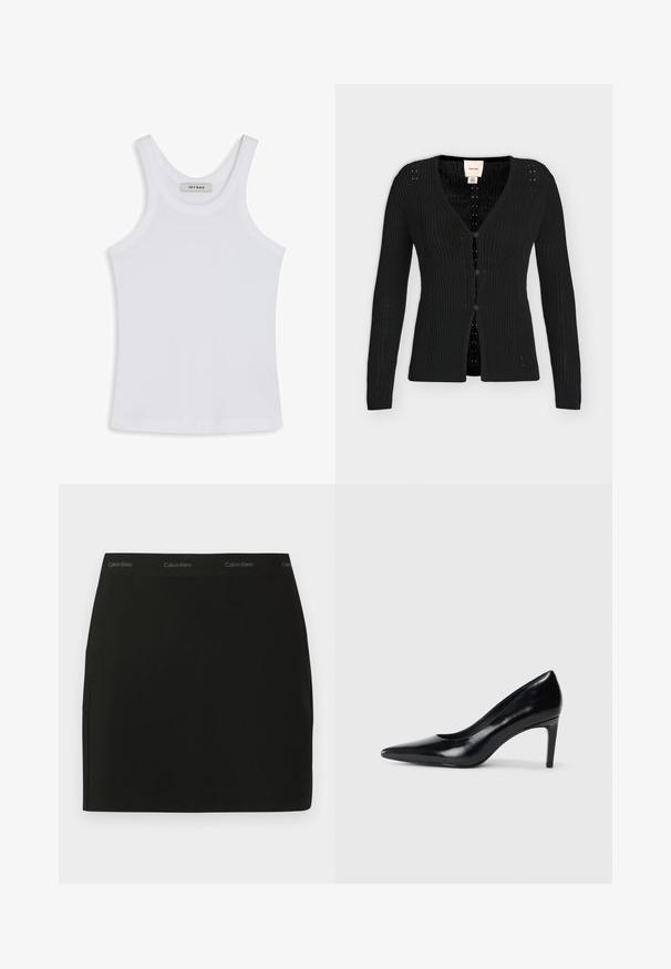 Sort ribstrikket cardigan med lange ærmer, V-hals og tre knapper foran, mærket Calvin Klein på inderkraven.; Hvid tank top lavet af glat stof, med en rund halsudskæring og brede skulderstropper, med et mærke indeni, der står "IVY OAK."; Sort mininederdel lavet af glat stof. Har en elastisk taljebånd med mærke og sidelommer. Enkel, slank design uden yderligere mønstre.; Sort læder højhælede sko med spids tå, glat tekstur og en taperet hæl. Minimalistisk design uden yderligere udsmykninger.