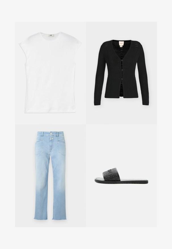 Zwarte ribgebreide cardigan met lange mouwen, V-hals en drie knopen aan de voorkant, met Calvin Klein-label aan de binnenkant van de kraag.; Witte T-shirt met korte mouwen van katoen. Het heeft een ronde halslijn en een gladde, zachte textuur met een ontspannen pasvorm. Geen patronen of accenten.; Lichtblauwe spijkerbroek met hoge taille, voorzakken met patch, knoop- en ritssluiting, en een ruwe zoom bij de enkels.; Zwarte instapsandaal met gestructureerde geweven band met het reliëf geperste merknaam en een platte zool met gripprofiel.