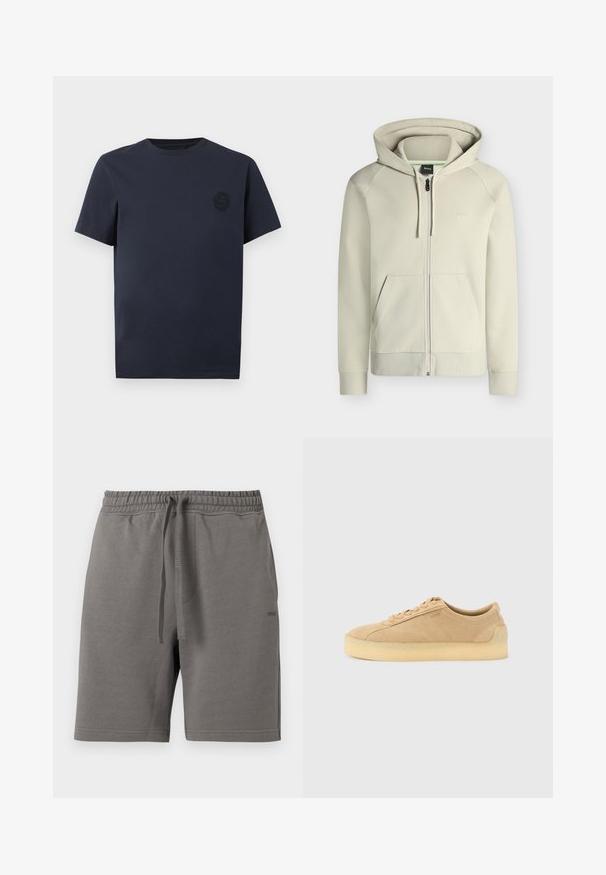 Sweat à capuche zippé beige clair avec poches frontales, capuche avec cordon et logo discret "BOSS" sur la poitrine gauche.; T-shirt bleu marine à manches courtes et col rond avec un logo sombre discret sur la poitrine gauche.; Shorts à taille élastique grise avec cordon de serrage, poches latérales et logo discret "HUGO" sur la cuisse droite.; Baskets basses en daim beige avec semelle épaisse en gomme, fermeture à lacets à l'avant, et logo discret sur le côté, sur un fond uni gris clair.