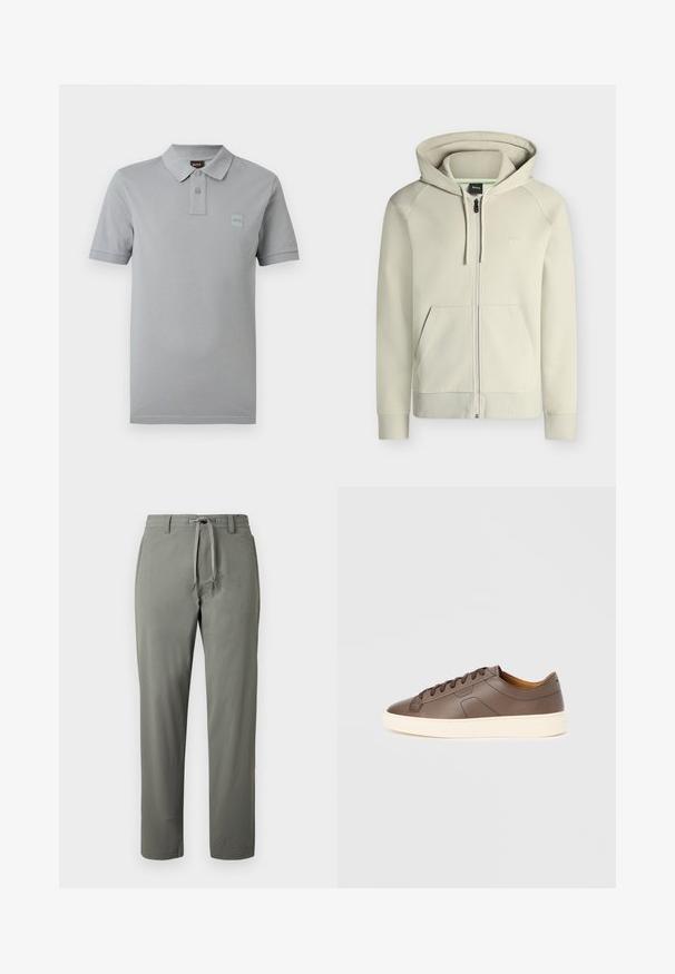 Sweat à capuche zippé beige clair avec poches frontales, capuche avec cordon et logo discret "BOSS" sur la poitrine gauche.; Polo gris clair à manches courtes avec deux boutons, un col, et un petit logo embossé sur la poitrine gauche.; Pantalon droit pour hommes de couleur vert olive avec taille à cordon et passants pour ceinture, présenté sur un fond uni.; Baskets en cuir marron à texture lisse, semelle extérieure crème contrastante, bout arrondi et lacets marron foncé ; présente un logo discrètement embossé.
