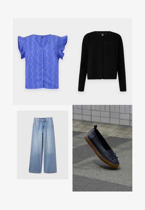 Vero Moda Knitted VMMARINA Knit - Neuletakki - black; Sininen lyhythihainen paita V-päällä, jossa on sahalaitakuosi ja nappikiinnitys edessä. Karkeaa kangasta, jossa on liehuvat hihat.; Vaaleansiniset väljät farkut, joissa on etutaskut, vyölenkit sekä nappi- ja vetoketjusuljenta.; Musta nahkainen slip-on-kengä ruskealla kumipohjalla ja solmimisyksityiskohdalla, leijuu harmaan jalkakäytävän yllä laatoitetun seinän vieressä.
