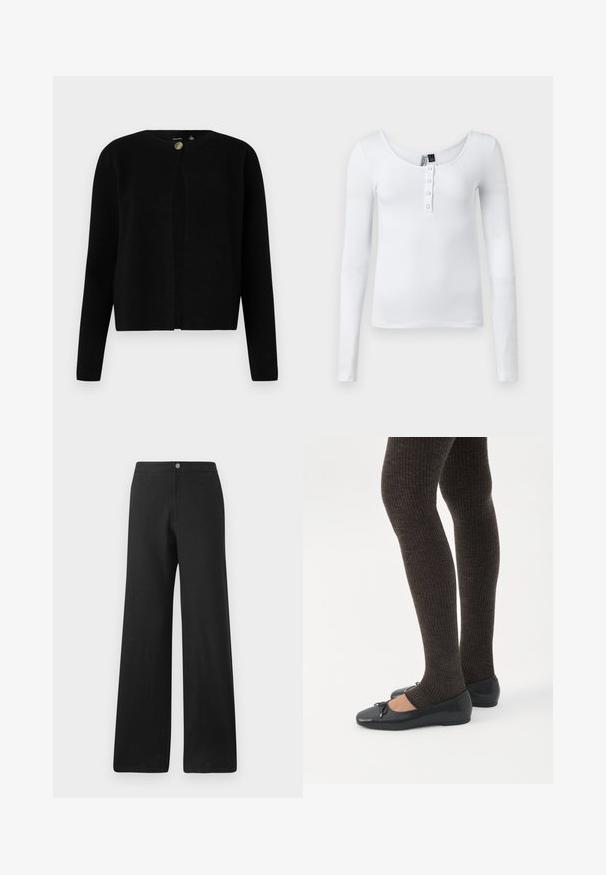 Vero Moda Knitted VMMARINA Knit - Chaqueta de punto - black; Blusa blanca de manga larga y tejido acanalado con escote en forma de barco y cuatro botones en el frente. La tela tiene una textura suave y un diseño ajustado.; Pantalones de pierna ancha negros, hechos de una tela suave, con un cierre frontal de botón, líneas limpias y un diseño minimalista sin patrones.; Piernas con leggings oscuros acanalados combinados con bailarinas negras que presentan pequeños detalles de lazo sobre un fondo blanco.