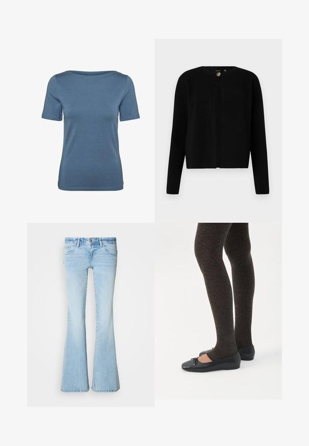 Vero Moda Knitted VMMARINA Knit - Kardigan - black; Sinine lühikeste varrukatega vormis t-särk ümarate kaelustega ja ühtlase sileda kangaga, esitletud valgel taustal eestpoolt vaadatuna.; Hele sinised lehvikpüksid teksariidest. Omavad viit taskut, nööpidega sulgemist ja tuhmunud pesu koos peente triipudega.; Jalad seljas tumedad soonelises soonelises kombines mustade baleriinadega, millel on väikesed paelade detailid valgel taustal.