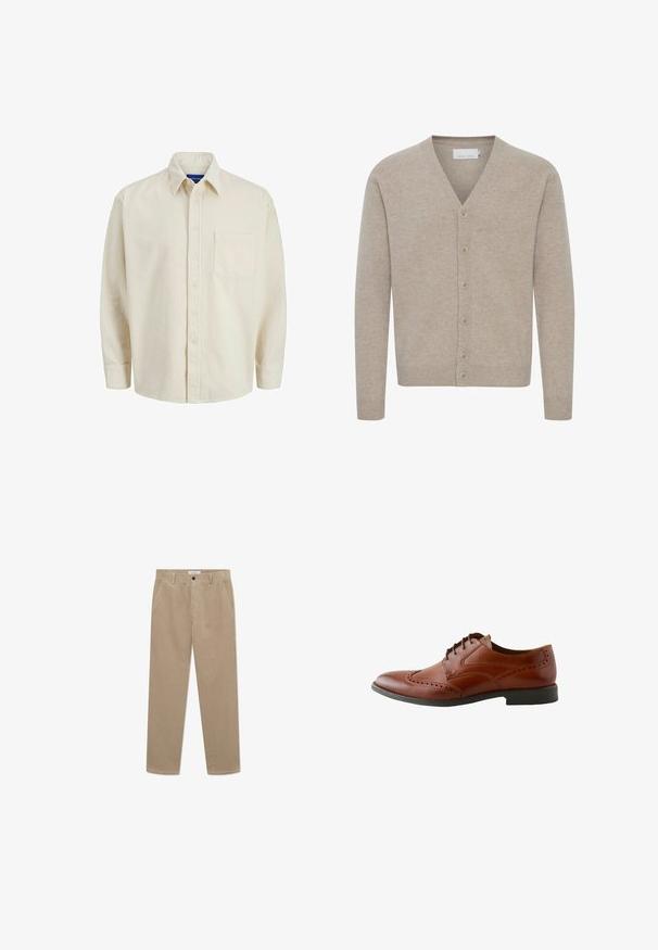 Beige cardigan lavet af blødt stof, med V-udskæring, lukning med syv knapper, ribbede manchetter og kant, med en glat tekstur.; Beige corduroy skjorte med knaplukning foran, krave, lange ærmer og en enkelt brystlomme. Har smalle lodrette striber.; Beige corduroy bukser med lige ben-design, der har to forlommer og en knaplukning. Blød tekstur med fine ribben-detaljer.; Brun læder herre brogue sko med wingtip-detaljer og sort sål, set fra siden mod en hvid baggrund.