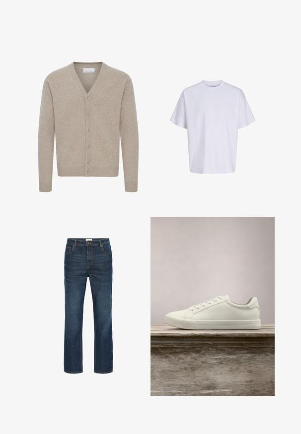 Beige cardigan lavet af blødt stof, med V-udskæring, lukning med syv knapper, ribbede manchetter og kant, med en glat tekstur.; Simpel hvid oversized t-shirt med korte ærmer, rund hals og løs pasform mod en hvid baggrund.; Mørkeblå denim jeans med lige snit, fem lommer, kontrasterende syninger og en talje med en metalknap og bæltesløjfer.; Hvide snørresneakers svævende over en træbænk med grønne planter i baggrunden, der fremhæver skodesign og tekstur.