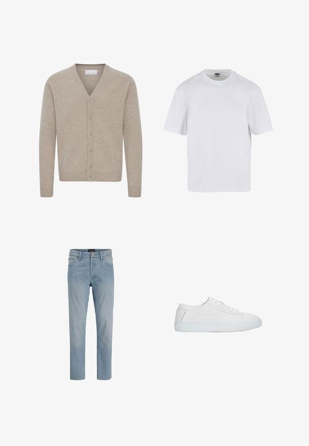 Beige Cardigan aus weichem Stoff, mit V-Ausschnitt, sieben Knöpfen, gerippten Bündchen und Saum sowie einer glatten Textur.; Weißes T-Shirt mit kurzen Ärmeln aus Baumwolle. Besitzt einen Rundhalsausschnitt und eine lockere Passform. Glatte Textur, minimalistisches Design, ohne Muster oder Akzente.; Hellblaue Denim-Jeans mit geradem Schnitt, fünf Taschen, Knopfverschluss und einem leicht ausgewaschenen Finish.; Weißer niedriger Sneaker mit Schnürdesign, glattem Lederobermaterial und flacher Gummisohle, seitlich auf weißem Hintergrund dargestellt.