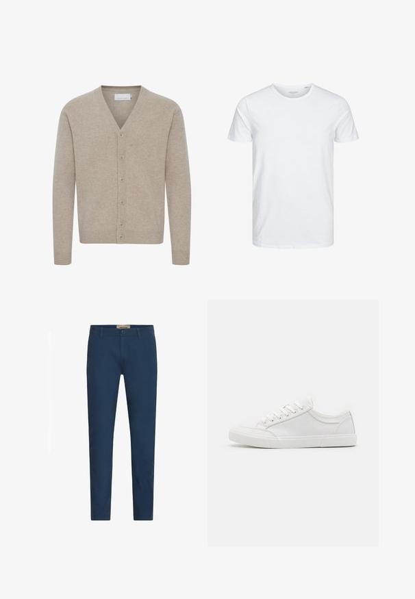 Beige cardigan lavet af blødt stof, med V-udskæring, lukning med syv knapper, ribbede manchetter og kant, med en glat tekstur.; Rundhals kortærmet t-shirt i ensfarvet hvid, lavet af blød bomuld, har et simpelt design uden synlige mønstre eller detaljer.; Marineblå slim-fit herrebukser med bælteløkker, frontlukning med knap og sidelommer, præsenteret mod en hvid baggrund.; Hvide sneakers med en glat læderoverdel, rund tå, flad gummisål og seks øjestik til snørebånd. Subtile syninger og minimalistisk design.