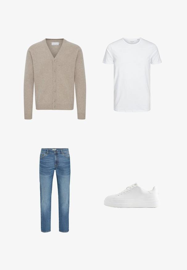 Beige Cardigan aus weichem Stoff, mit V-Ausschnitt, sieben Knöpfen, gerippten Bündchen und Saum sowie einer glatten Textur.; Rundhals-T-Shirt mit kurzen Ärmeln in reinem Weiß, aus weicher Baumwolle, mit einem schlichten Design ohne sichtbare Muster oder Akzente.; Hellblaue Jeans aus Denim mit klassischem geradem Bein, ausgestattet mit fünf Taschen, Metallknopfverschluss und leichtem Verblassen des Stoffes.; Weißer Sneaker mit niedrigem Schnitt, dicker Sohle, Schnürung vorne und kleinen Belüftungslöchern an der Seite, seitlich abgebildet.
