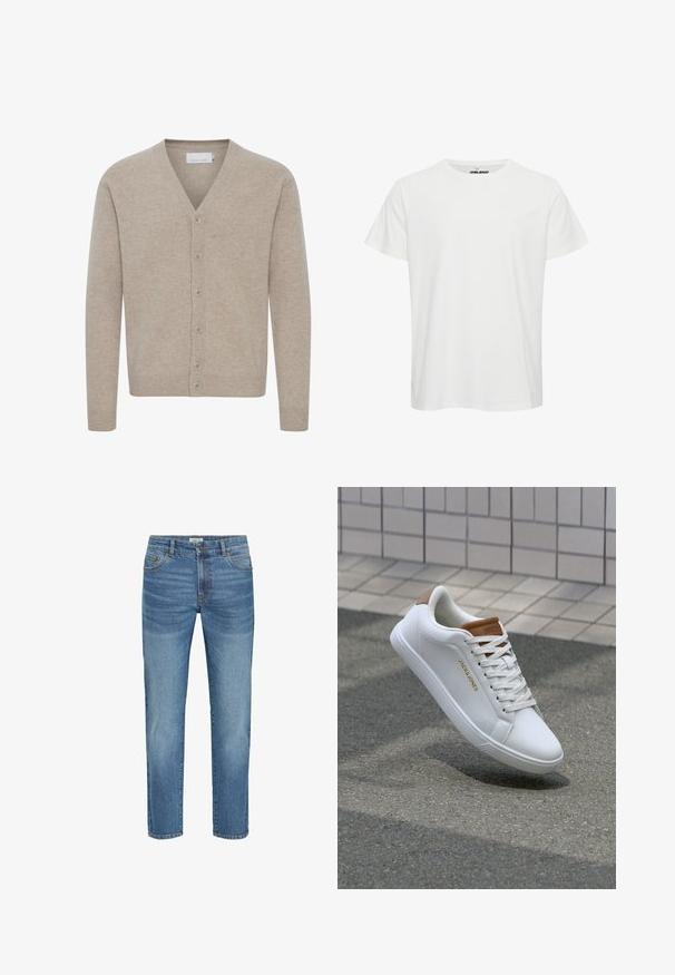 Beige cardigan lavet af blødt stof, med V-udskæring, lukning med syv knapper, ribbede manchetter og kant, med en glat tekstur.; Hvid bomulds t-shirt med korte ærmer, rund hals og et subtilt logo på brystet. Glat tekstur med en klassisk pasform.; Lysblå denim jeans med et klassisk lige ben-design, der har fem lommer, metalknaplukning og en let falmning på stoffet.; Hvide lædersneakers med en glat overflade, tan-akcent på hælen, gyldent logo på siden og en gummisål med tekstureret greb.