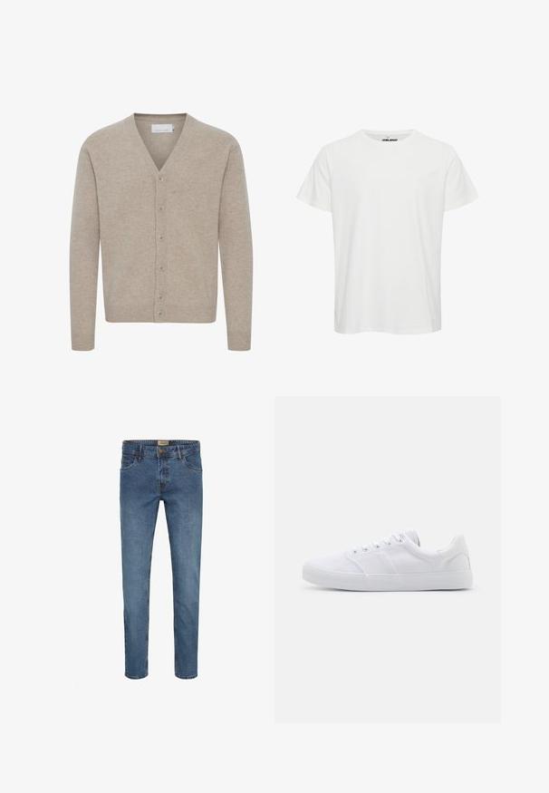 Beige cardigan van zacht materiaal, met een V-hals, sluiting met zeven knopen, geribbelde manchetten en zoom, en een gladde textuur.; Witte katoenen t-shirt met korte mouwen, ronde hals en een subtiel logo op de borst. Gladde textuur met een klassieke pasvorm.; Blauwe denim jeans met een slim fit, vijf zakken, een knoop- en ritssluiting en contrasterende stiksels. Gladde textuur met een vervaagd uiterlijk.; Witte canvas sneakers met een rubberen zool, voorzien van zes oogjes, een gestructureerde neuskap en een minimalistisch ontwerp.