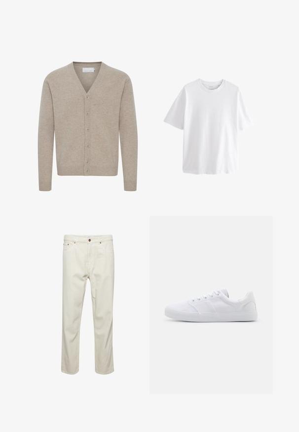 Cardigan beige hecho de un tejido suave, con escote en V, cierre de siete botones, puños y dobladillo de canalé, y una textura lisa.; Camiseta blanca lisa de manga corta y cuello redondo con un ajuste relajado sobre un fondo blanco.; Pantalones de algodón beige con corte recto, cinco bolsillos, cierre de botón y detalles de costura sutiles. Textura uniforme sin patrones visibles.; Zapatillas de lona blancas con suela de goma, que cuentan con seis ojales, una puntera texturizada y un diseño minimalista.