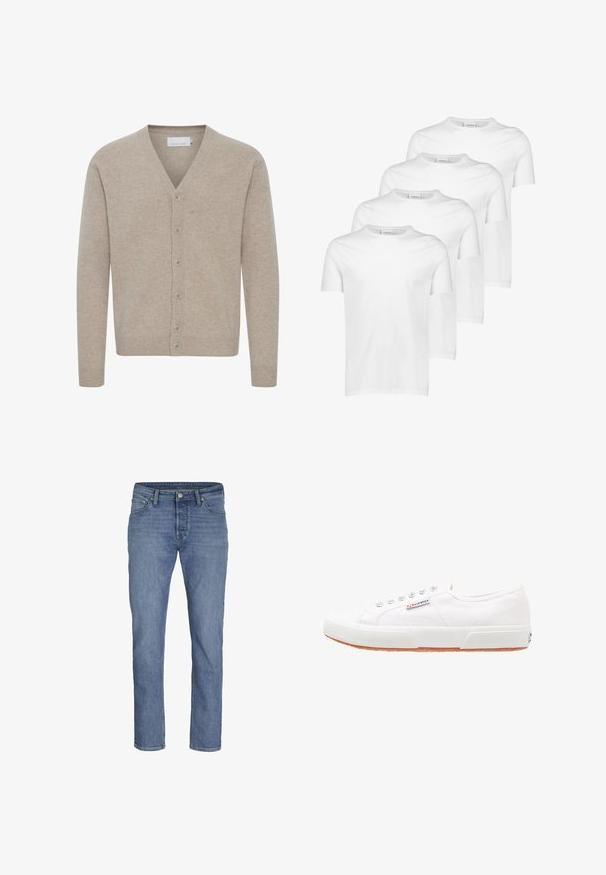Beige Cardigan aus weichem Stoff, mit V-Ausschnitt, sieben Knöpfen, gerippten Bündchen und Saum sowie einer glatten Textur.; Weiße Baumwoll-T-Shirts, kurze Ärmel, runder Ausschnitt, glatte Textur, vier Stück gestapelt mit einheitlichem Design und ohne Muster oder Akzente.; Hellblaue Jeans aus Denim mit geradem Bein, fünf Taschen und einem vorderen Knopfverschluss mit kontrastierenden Nähten.; Weiße Leinensneaker mit Gummisohle, Schnürdesign und einem kleinen Logolabel an der Seite. Strukturierte weiße Oberseite und braune Außensohle.