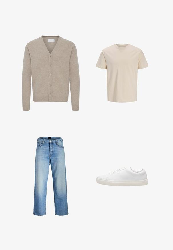 Beige cardigan van zacht materiaal, met een V-hals, sluiting met zeven knopen, geribbelde manchetten en zoom, en een gladde textuur.; Beige katoenen T-shirt met korte mouwen en een ronde hals, met een rechte zoom, getoond tegen een effen witte achtergrond.; Lichtblauwe denim jeans met een ontspannen pasvorm, voorzien van een hoge taille, voorkwamen en een rechte pijp, met subtiele vervaging.; Witte leren sneaker met een gladde textuur, ronde neus, vetersluiting en een platte rubberen zool. Minimalistisch ontwerp zonder zichtbare patronen.