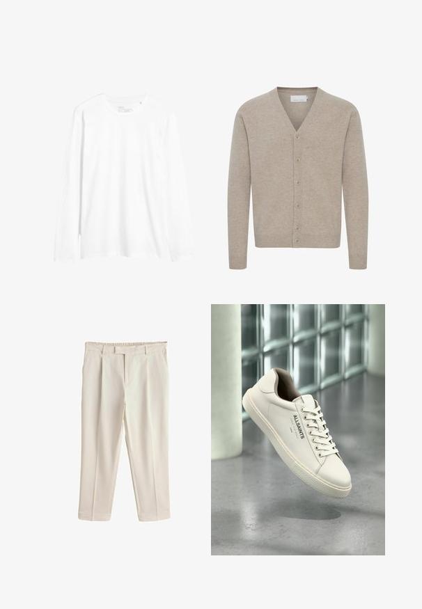 Beige cardigan van zacht materiaal, met een V-hals, sluiting met zeven knopen, geribbelde manchetten en zoom, en een gladde textuur.; Witte longsleeve t-shirt van katoen. Kenmerkt zich door een ronde hals, een slim fit en zijsplitten aan de onderkant. Eenvoudig ontwerp zonder patronen.; Beige rechte broek met ceintuurlussen, voorzakken en een onzichtbare ritssluiting aan de voorkant.; Witte AllSaints sneaker met veters, logo en Japanse tekst, hangend boven een gepolijste betonnen vloer met matglazen blokken op de achtergrond.