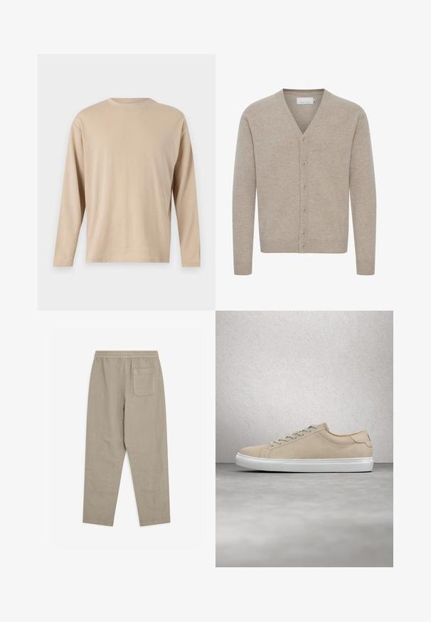 Cardigan beige hecho de un tejido suave, con escote en V, cierre de siete botones, puños y dobladillo de canalé, y una textura lisa.; Camisa beige de manga larga hecha de tejido suave, con un corte recto, escote redondo y un detalle de costura mínima a lo largo del dobladillo y las mangas.; Pantalones beige claro de lino con cintura elástica, diseño de pierna recta y un bolsillo parche trasero. Textura suave, estilo casual.; Zapatilla de ante beige con puntera redondeada, suela de goma blanca y cordones a juego. Diseño minimalista con sutiles detalles de costura.