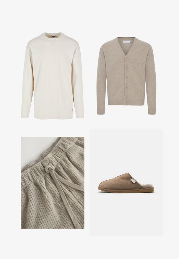 Cardigan beige hecho de un tejido suave, con escote en V, cierre de siete botones, puños y dobladillo de canalé, y una textura lisa.; Camiseta de manga larga en color crema, confeccionada en suave algodón, con un escote redondo y aberturas laterales para mayor comodidad. Diseño minimalista, textura lisa.; Pantalones cortos de algodón caqui con un patrón acanalado texturizado. Cuenta con una cinturilla elástica y una cinta de tela para ajustar. Material suave y acolchado.; Slipper de ante marrón con un suave forro de piel de color crema. Presenta un diseño de punta abierta y redondeada, y suela de goma texturada.