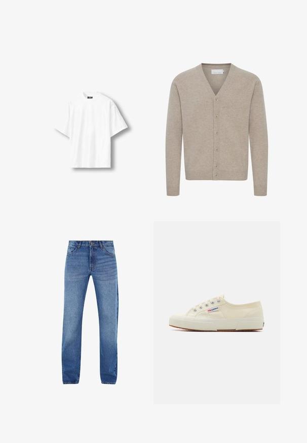 Beige cardigan van zacht materiaal, met een V-hals, sluiting met zeven knopen, geribbelde manchetten en zoom, en een gladde textuur.; Effen wit oversized T-shirt met korte mouwen en een ronde hals, met een zwart label aan de binnenkant van de achterkant van de kraag, getoond op een lichte achtergrond.; Blauwe denim jeans met een rechte snit, vijf zakken en een ritsluiting. Subtiele vervaging aan de voorkant, gestikte accenten in oranje.; Beige canvas sneaker met een laag profiel, metalen oogjes en rubberen zool. Beschikt over een textuurpatroon en logodetail aan de zijkant.