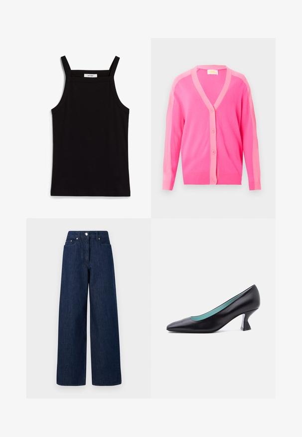 Cardigan boutonné rose avec une bordure rose plus claire le long du col, de la ligne de boutons et des manches, présenté sur un fond blanc.; Débardeur noir à fines bretelles, en tissu côtelé, avec une coupe droite et une étiquette au niveau du col indiquant "IVY OAK."; Jeans ample taille haute, bleu foncé, avec fermeture à boutons, poches avant et passants de ceinture sur un fond blanc.; Escarpin en cuir noir à bout pointu avec un petit talon bloc de forme unique et une doublure intérieure bleu clair, présenté sur un fond blanc uni.