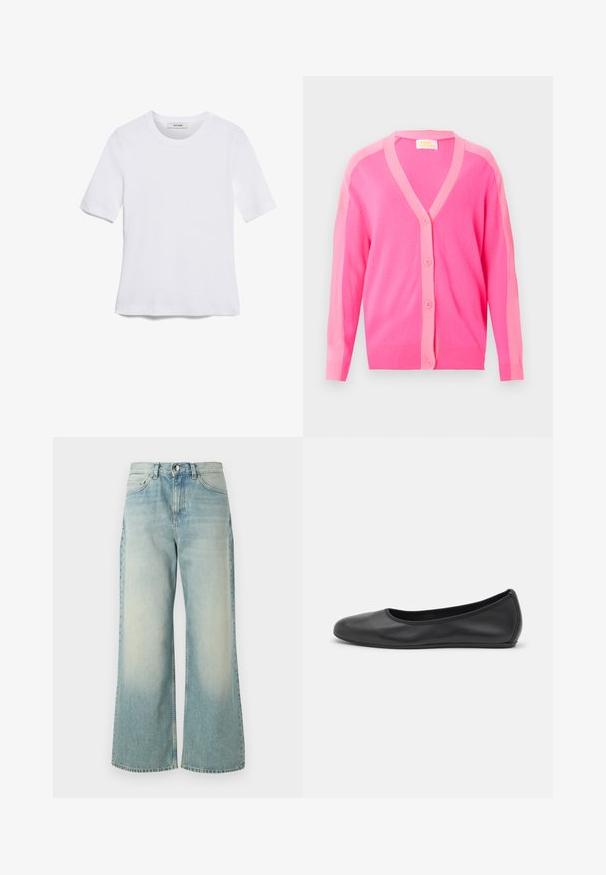 Lyserød cardigan med knapper og lysere lyserød kant langs kraven, knaprækken og ærmerne, vist på en hvid baggrund.; Hvid kortærmet t-shirt lavet af ribbet stof. Rund halsudskæring, almindelig pasform og subtile syninger. Ingen mønstre eller grafik.; Lyseblå vide jeans lavet af denim, med en afdæmpet vask, klassisk fem-lomme design og en frontknaplukning.; Sort læderballetsko med rund tå, glat tekstur, minimal syning og et fleksibelt såldesign.