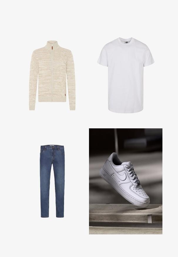 Beige en romige gemarmerde gebreide ritstrui met hoge kraag en lange mouwen, voorzien van een kleine bruine ritsuitvouwtab.; Witte katoenen T-shirt met korte mouwen, ronde halslijn en een rechte zoom. Gladde textuur, geen patronen of afbeeldingen, gelabeld 'Urban Classic.'; Donkerblauwe denim jeans met een rechte pijp, voorzien van riemlussen, vijf zakken en een contrasterende stiksels langs de naden.; Witte Nike Air Force 1 sneaker van leer met geperforeerde neus, platte veters en een gestructureerde rubberen zool met "AIR"-logo aan de zijkant.