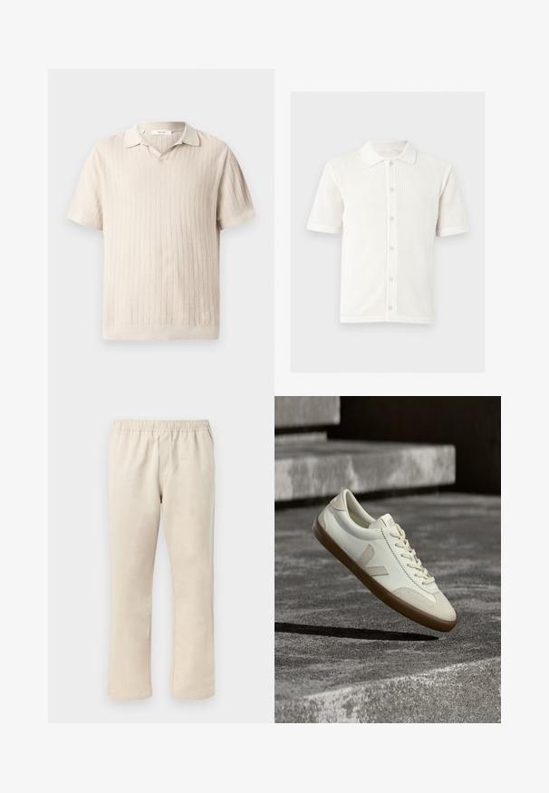 Polo en maille blanche à manches courtes avec patte de boutonnage et motif ajouré texturé sur toute la surface.; Polo en tricot beige à manches courtes avec un motif côtelé vertical texturé et un petit col.; Pantalon beige à jambe droite avec taille élastique, devant plat et sans poches visibles sur un fond clair.; Baskets en cuir blanc avec semelle en caoutchouc beige, lacets plats et accent en forme de V sur le côté. Présentent une surface lisse et peu de détails de couture.