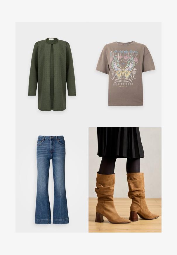 Langærmet, åben, olivengrøn jakke med et subtilt tekstureret zigzag-mønster, rund halsudskæring og uden synlige lukninger.; Brun oversize t-shirt med stort farverigt sommerfuglegrafik, teksten "WAVES" ovenover og teksten "Stadium Tour live koncert" nedenunder på forsiden.; Udståede denimjeans i mørkeblå. Har fem lommer, bæltestropper og orange syninger. Glat tekstur med et klassisk pasformdesign.; Brune ruskind slouchy ankelstøvler med spidse tæer og stablede træhæle. Båret med sorte strømpebukser og en plisseret sort nederdel.