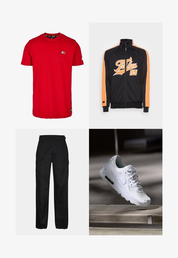 Zwarte trainingsjack met oranje accenten, voorzien van een hoge kraag, volledig rits en een gedurfde "FUBU 05" graphic op de voorkant. Glad textuur van de stof.; Rode katoenen t-shirt met een ronde hals, korte mouwen en een klein zwart logo op de linkerborst en mouw. Glad, effen kleurstof.; Zwarte cargobroek met een rechte pasvorm, voorzien van zijzakken, een knoopsluiting en elastische boorden bij de enkels. Gemaakt van duurzaam materiaal.; Witte Nike Air Max 90 sneaker met een bovenwerk van mesh en leer, een geperforeerde teenbox en een zichtbare luchtunit in de hiel.